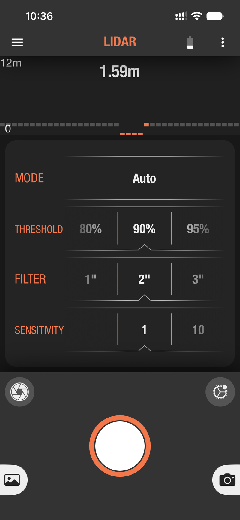 Ortta app Lidar page showing a live distance of 1.59 m with Mode, Threshold, Filter and Sensitivity