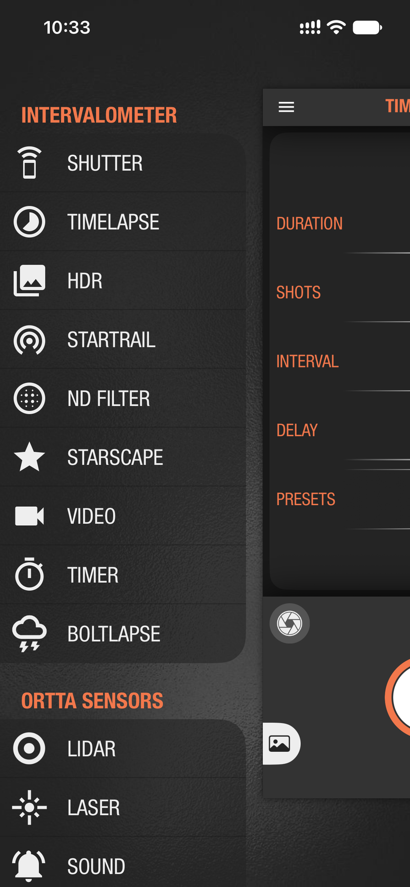 Ortta app program list: Intervalometer and Ortta Sensors sections