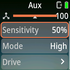 Pluto 2 Pro Aux page with the live input bar, Sensitivity, Mode and Drive