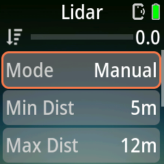 Pluto 2 Pro Lidar page in Manual mode, showing Mode, Min Dist and Max Dist