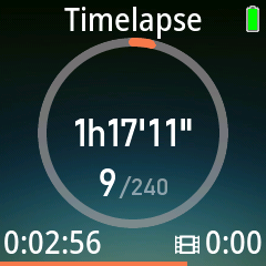Time-lapse running: time left in the centre, 9 of 240 shots, elapsed time bottom left, video length bottom right