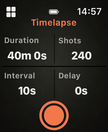 Timelapse page with Duration, Shots, Interval and Delay